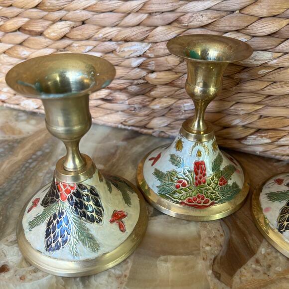 Enamel Brass Candle Holders: Set of 3 - Picture 2 of 7